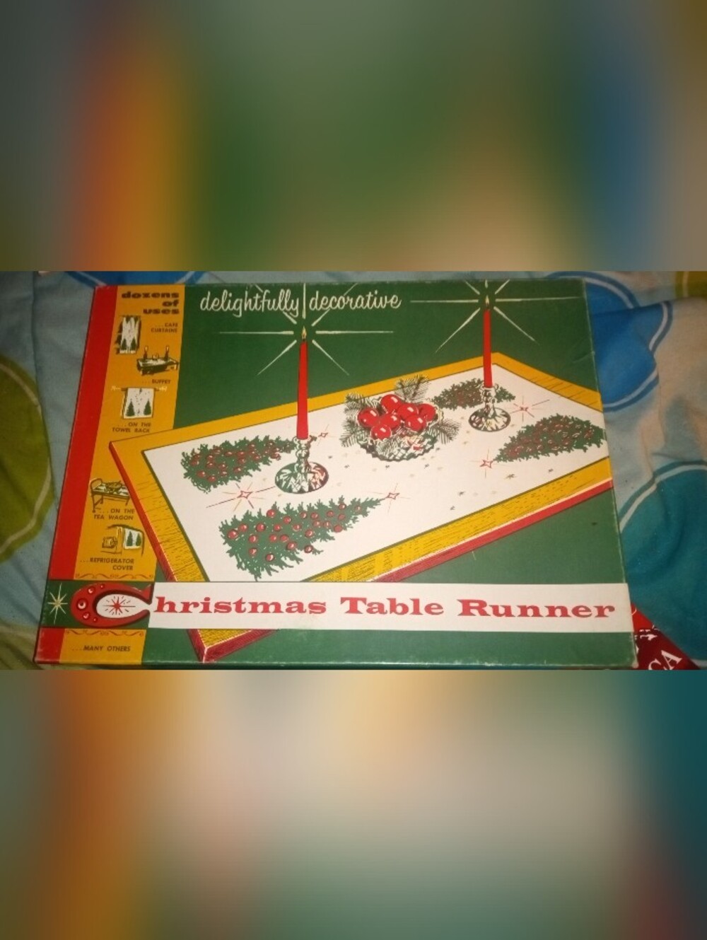 vintage Christmas table runner marketed as "delightfully decorative"